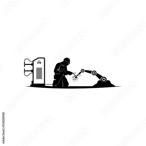 Welding worker icon with protective helmet and gloves creating sparks in fabrication proces