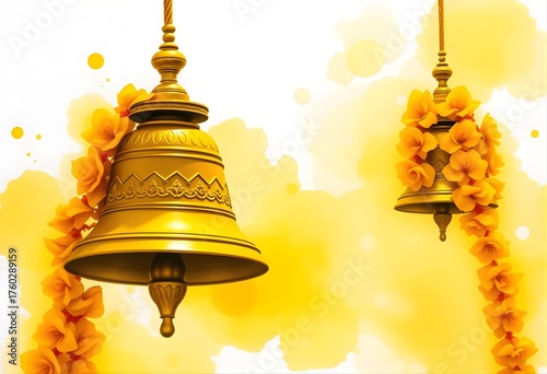  Turmeric Yellow Watercolor Theme — vibrant yellow and gold watercolor wash with temple bells and jasmine garlands, symbolizing South Indian festivity.