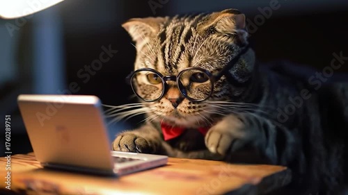 Clever Cat Wearing Glasses Working on Laptop.