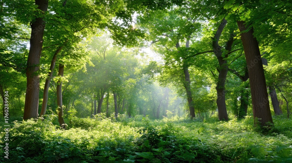Fototapeta premium Lush Green Forest Landscape with Sunlight and Dense Foliage Creating a Serene Nature Scene