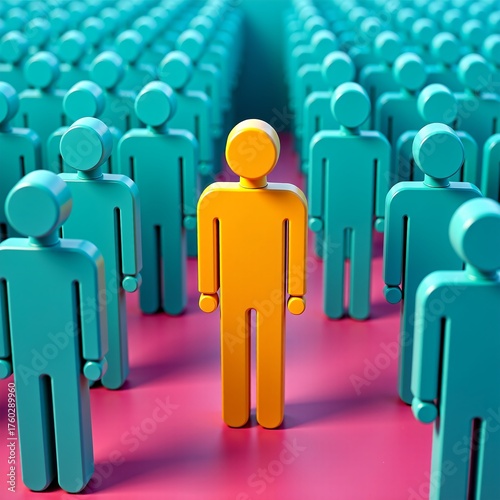 Standing out from the crowd A 3D illustration of an individual figure in gold among a multitude of cyan figures on a pink surface highlighting uniqueness