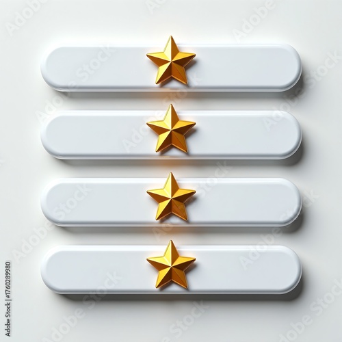 Minimalist 3D rendering of a customer feedback interface with four horizontal white bars, each featuring a single golden star for quality ranking and review assessment