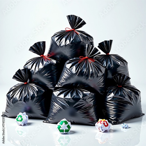 Pile of black trash bags tied with red strings, some with crumpled paper waste, ready for disposal, representing waste management
