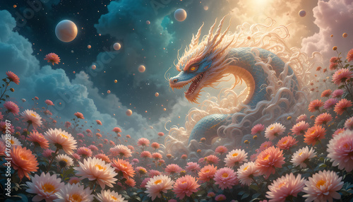 An epic fantasy illustration of a giant cosmic dragon or serpent swirling through a colorful, starry nebula in outer space.
