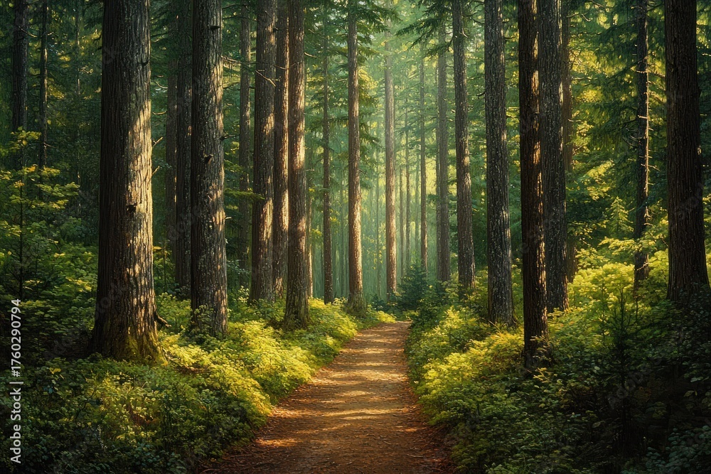 Fototapeta premium Sunlit forest path surrounded by tall trees and dense green undergrowth with warm light filtering through branches creating peaceful atmosphere