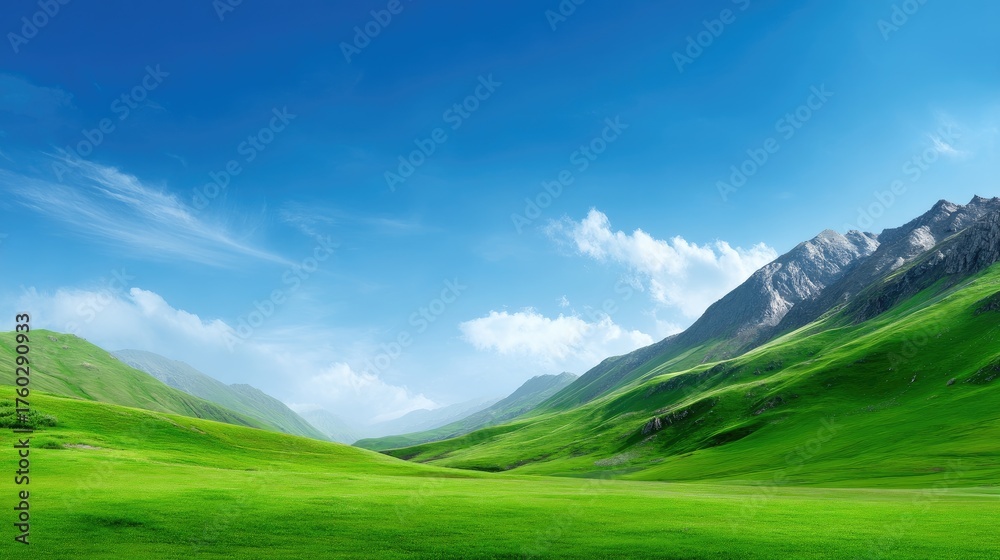 Fototapeta premium Lush Green Meadow Landscape Under a Bright Blue Sky with Mountain Peaks in the Background