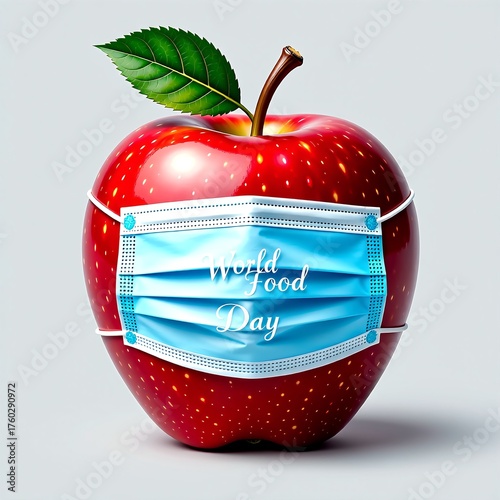 A shiny red apple wearing a blue surgical face mask with the words World Food Day, symbolizing food safety and global health awareness