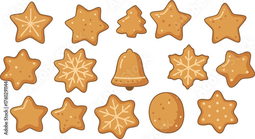 A collection of various festive gingerbread cookies with icing decorations.