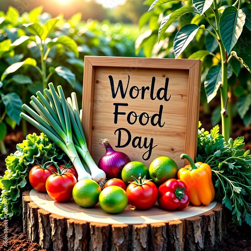 Celebrate World Food Day A vibrant wooden board displaying fresh, colorful vegetables, highlighting the importance of healthy eating and global food awareness