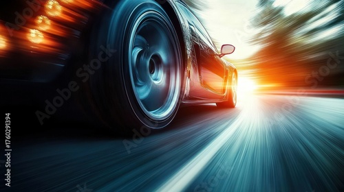Close-up view of a fast-moving black car speeding along a sunlit road with blurred motion around the wheels and surroundings conveying high velocity and dynamic energy