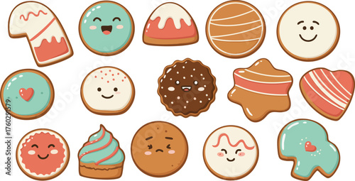 A collection of cute, cartoon-style gingerbread cookies with various festive designs and happy faces.