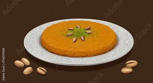 Delicious golden knafeh pastry with pistachio toppings served on a decorative plate.