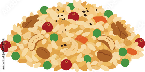 Illustration of a pile of rice with nuts, peas, and cranberries.