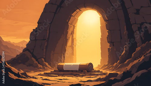 A silhouette of a person with arms raised stands at a cave entrance, looking at a glowing light. Symbolizes hope, discovery, or resurrection.
