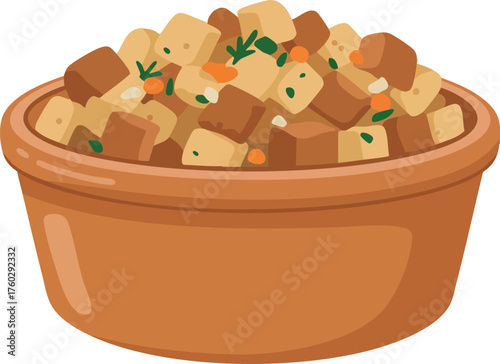 A close-up image of a brown bowl filled with a delicious-looking bread stuffing.