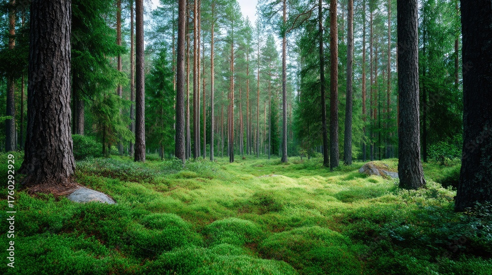 Obraz premium Lush Green Forest Landscape with Tall Pine Trees and Soft Mossy Ground in a Serene Natural Environment