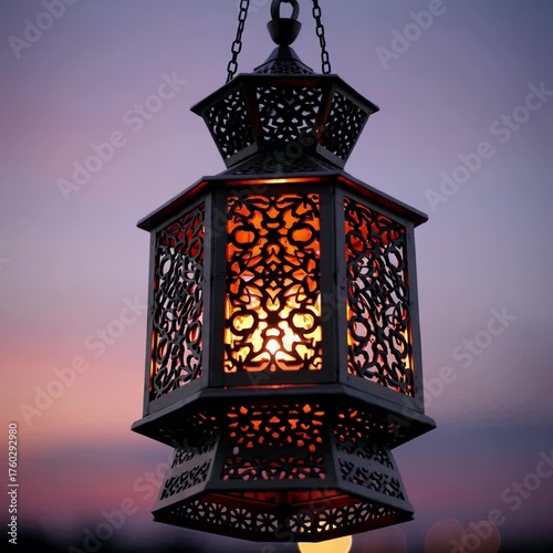 Moroccan lantern gently swings at sunset creating enchanting light and shadow patterns