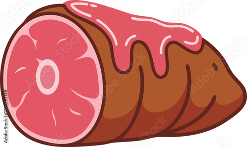 A cartoon illustration of a large cooked ham roast with a pink glaze drizzled on top.