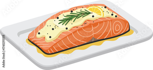 A beautifully prepared salmon fillet, seasoned with herbs and lemon, served on a white rectangular plate with a yellow sauce.