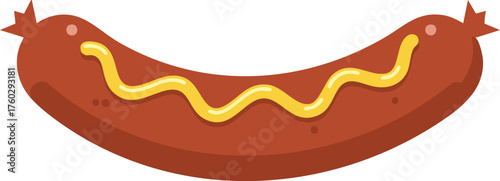 A delicious, cooked sausage with yellow mustard drizzled on top, ready to eat.