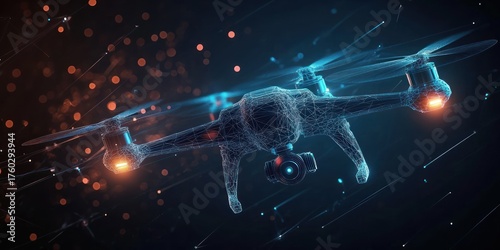 3D wireframe model of a quadcopter drone with glowing propellers and a camera, flying through a digital space with light particles and lines conveying motion and technology