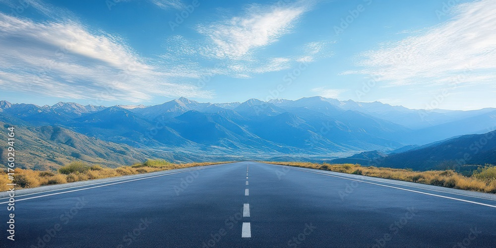 Obraz premium Long straight empty road leading towards distant blue mountains under a bright sky with scattered clouds evoking calm and freedom