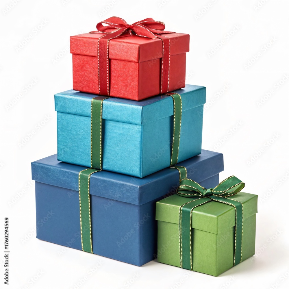 Fototapeta premium Stack of Colorful Gift Boxes with Ribbons on White Background