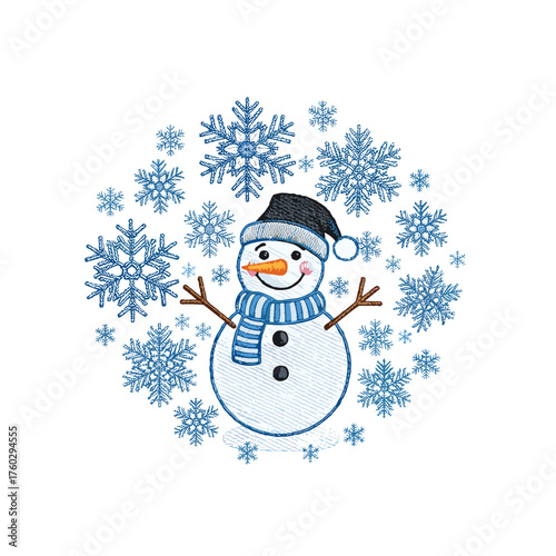 Whimsical snowman surrounded by a flurry of snowflakes in a charming embroidery vector style.