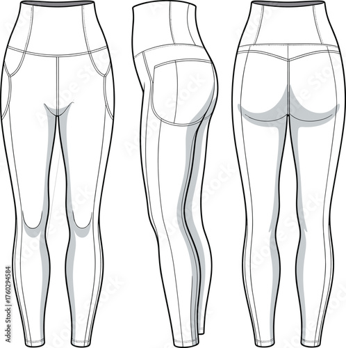 High waist leggings technical fashion flat sketch, front side back view, activewear design template, sportswear apparel illustration, contour seam detail, vector garment drawing