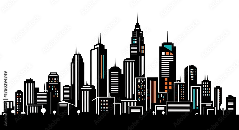 Fototapeta premium Dramatic Cityscape Silhouette - Urban Skyline with Towering Skyscrapers.
