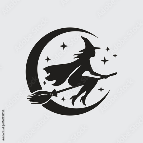Black Silhouette of a Witch Riding a Broomstick on a Crescent Moon