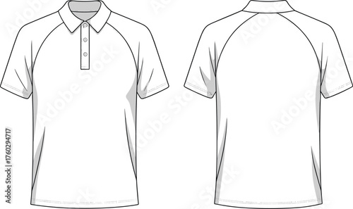 Short sleeve polo shirt technical fashion flat sketch, raglan sleeve sportswear design, apparel template front and back view, garment illustration with contrast panels, vector