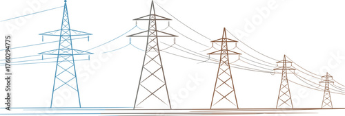 High voltage electricity transmission towers, power pylons with cables, energy infrastructure landscape, industrial grid system, electrical engineering, utility lines, renewable distribution network