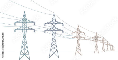 High voltage transmission towers, electricity pylons, power line infrastructure, energy distribution network, industrial lattice structures, utility grid system, electrical engineering