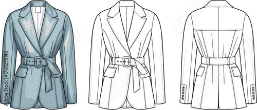 Women’s belted blazer fashion illustration, technical garment sketch front back view, tailored jacket with lapel collar, waist belt, pockets, apparel design template drawing