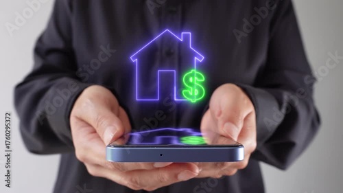 Financial management in the real estate sector. A woman holds a cell phone while a virtual icon of a house with a money sign is displayed.