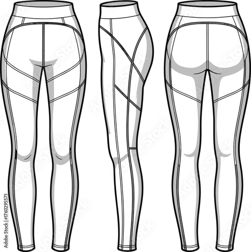 Athletic leggings technical illustration, sportswear design template, fashion flat sketch, activewear garment construction, seam line detail, ergonomic contour, fitness apparel vector