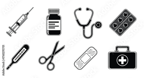 Essential medical supplies and tools depicted in a simple black and white style
