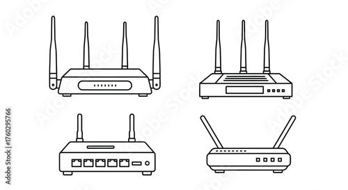 Line art illustration of various wireless routers and network devices