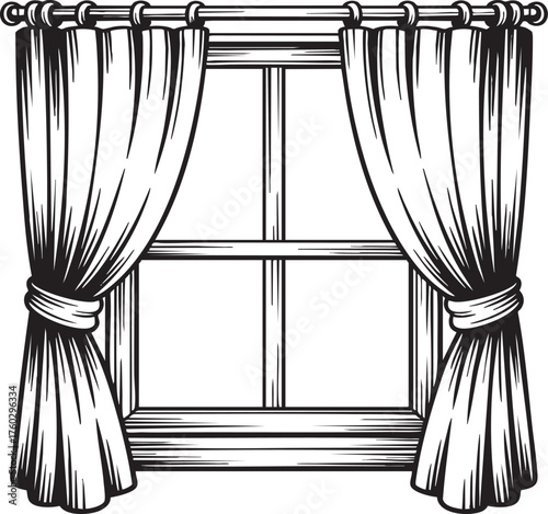 A black and white illustration of a window with curtains tied to the sides and a curtain rod above