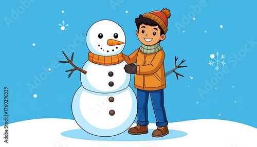 Boy and snowman in winter scene