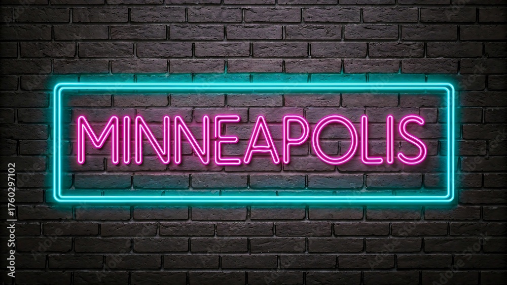 Fototapeta premium Minneapolis neon sign glowing on dark brick wall background 
