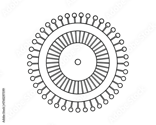 Pin Cushion Illustration: A circular, organized array of sewing pins for crafts & needlework