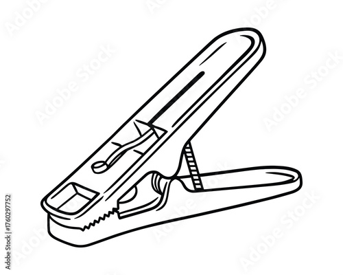 Detailed Line Art Illustration: Single Plastic Clothespin with Spring Mechanism on White
