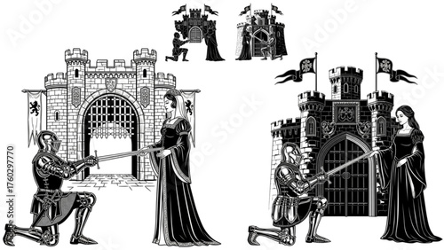 Medieval Knight Kneeling Before Queen or Princess Presenting Sword Outside Castle Gates Black and White Vector Engraving Set Royal Court Submission Ceremony Illustration