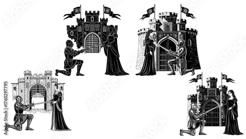Set of Four Medieval Knight and Queen or Princess Castle Illustrations Black and White Engraving Collage Submission Ceremony Chivalry Historical Vector Artwork