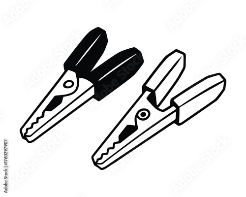 Two Alligator Clips Depicted on White Background, Engineering Component Illustration