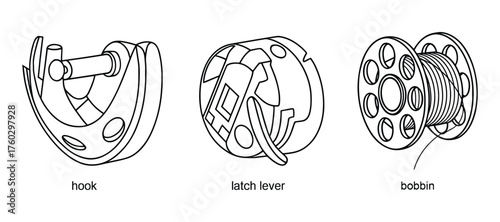 Detailed diagram illustrating hook, latch lever, and bobbin elements in monochrome.