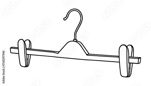 Isolated Black and White Line Art Illustration of a Pants Hanger with Clamps.