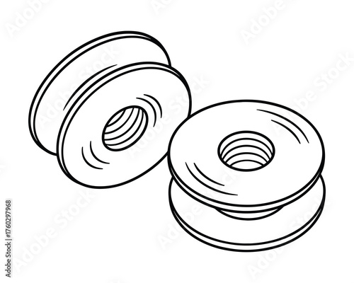 Monochrome illustration of a pair of vintage thread spools with visible thread grooves.